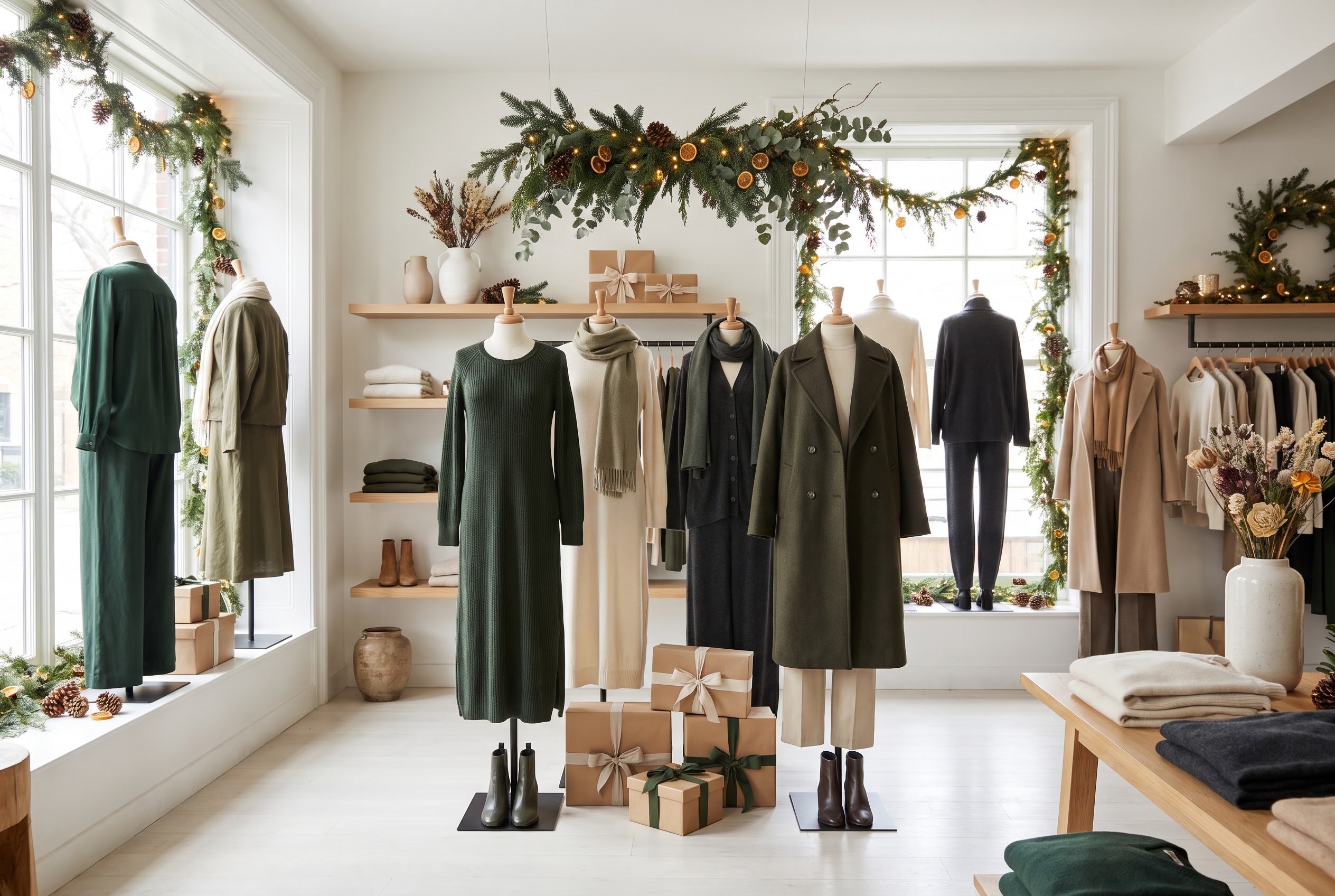 Illustration: Elegante Damenmode zu Weihnachten: Riviera‑Chic für Zuhause