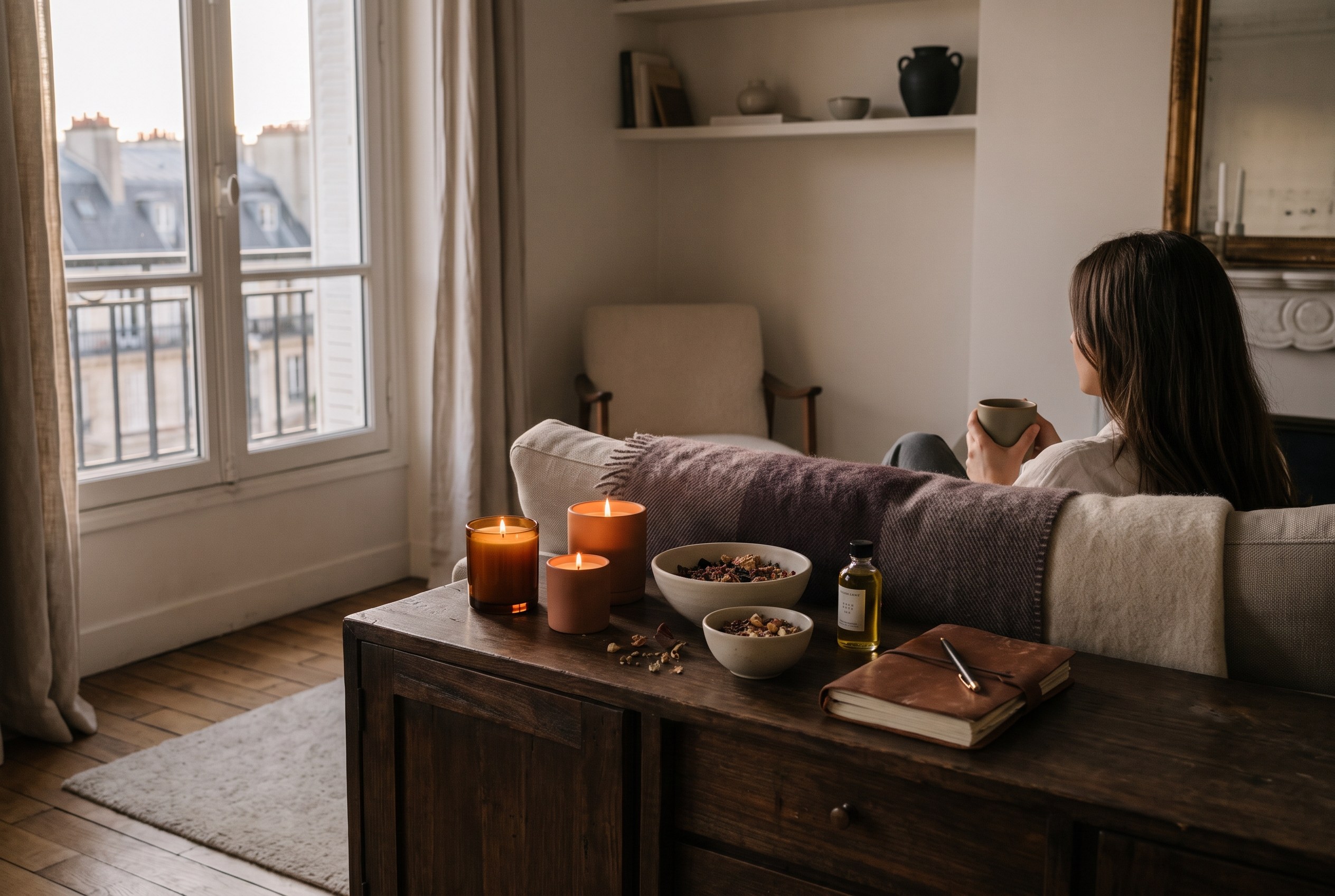 Illustration: Le rituel du retour — créer un refuge intérieur apaisant